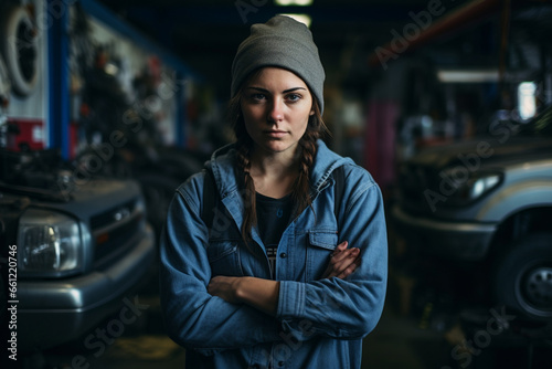 A woman mechanic with his knuckles in his hands