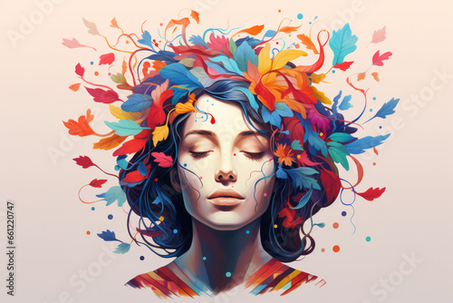 A dreamy illustration of a beautiful woman surrounded by symbols of nature representing her thoughts and emotions.