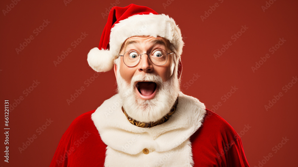 Real smiling Santa Claus, doing a shocked look on tan background Real smiling Santa Claus, doing a shocked look on tan background