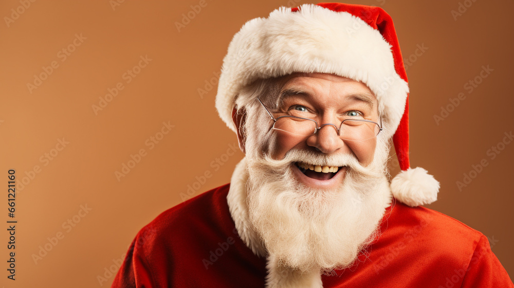 Real smiling Santa Claus, doing a shocked look on tan background Real smiling Santa Claus, doing a shocked look on tan background