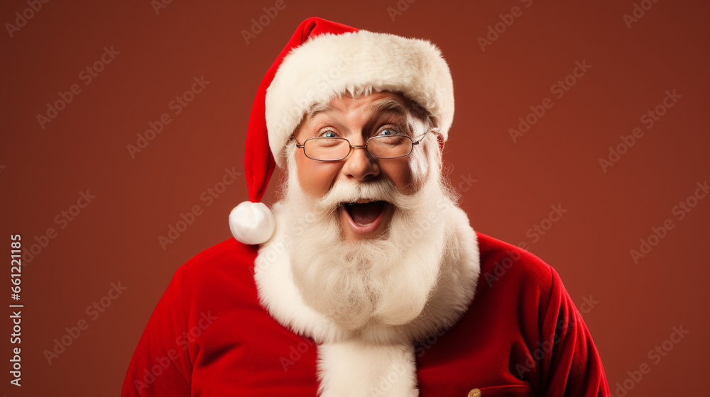 Real smiling Santa Claus, doing a shocked look on tan background