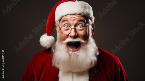 Real smiling Santa Claus, doing a shocked look on tan background