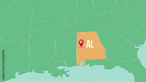 Mapa de los Estados Unidos de América con división política resaltando el estado de Alabama photo