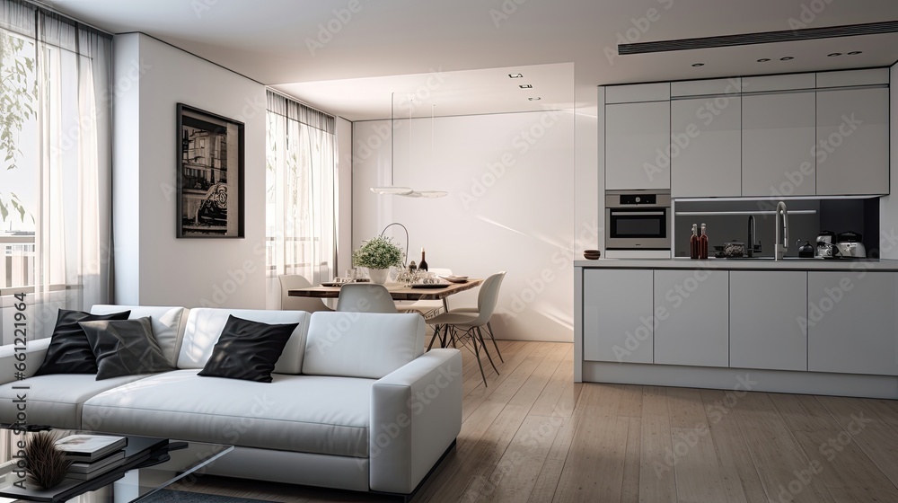 Living room and kitchen of a modern home in a clean and minimalist style Living room and kitchen of a modern home in a clean and minimalist style