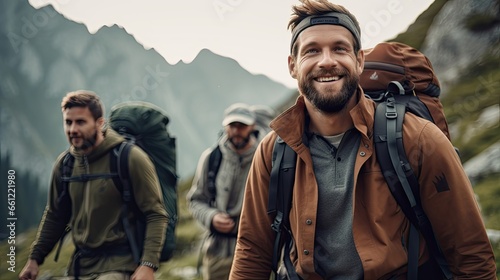 Group of adventurous men hike in the mountains while enjoying the scenery
