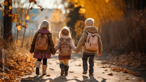 Little ones holding hands, walking to school together 