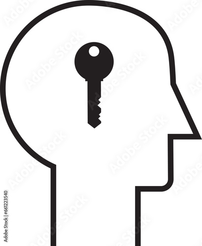 Icon illustration of the contents of a person's head thinking about a key