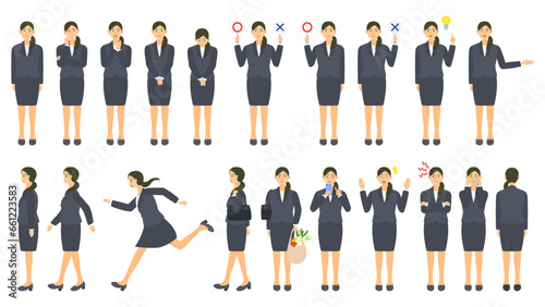 女性会社員。様々な表情や動作。フラットなベクターイラストセット。 Female office worker. Various expressions and motions. Flat designed vector illustration set.