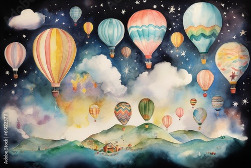 Colorful watercolor painting with balloons, clouds, moon, and stars. Generative AI