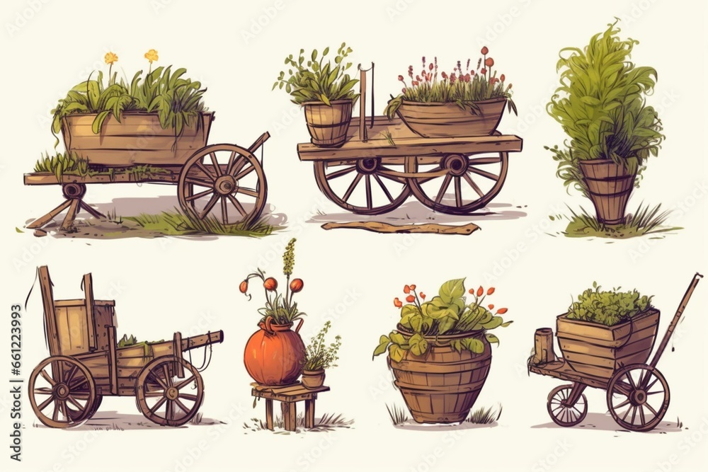 Set of tools for agriculture and home gardening. One-wheeled cart. Generative AI