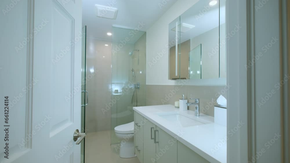Elements of Modern Bathroom with Shower in home, real estate interior. Move camera Elements of Modern Bathroom with Shower in home, real estate interior. Move camera