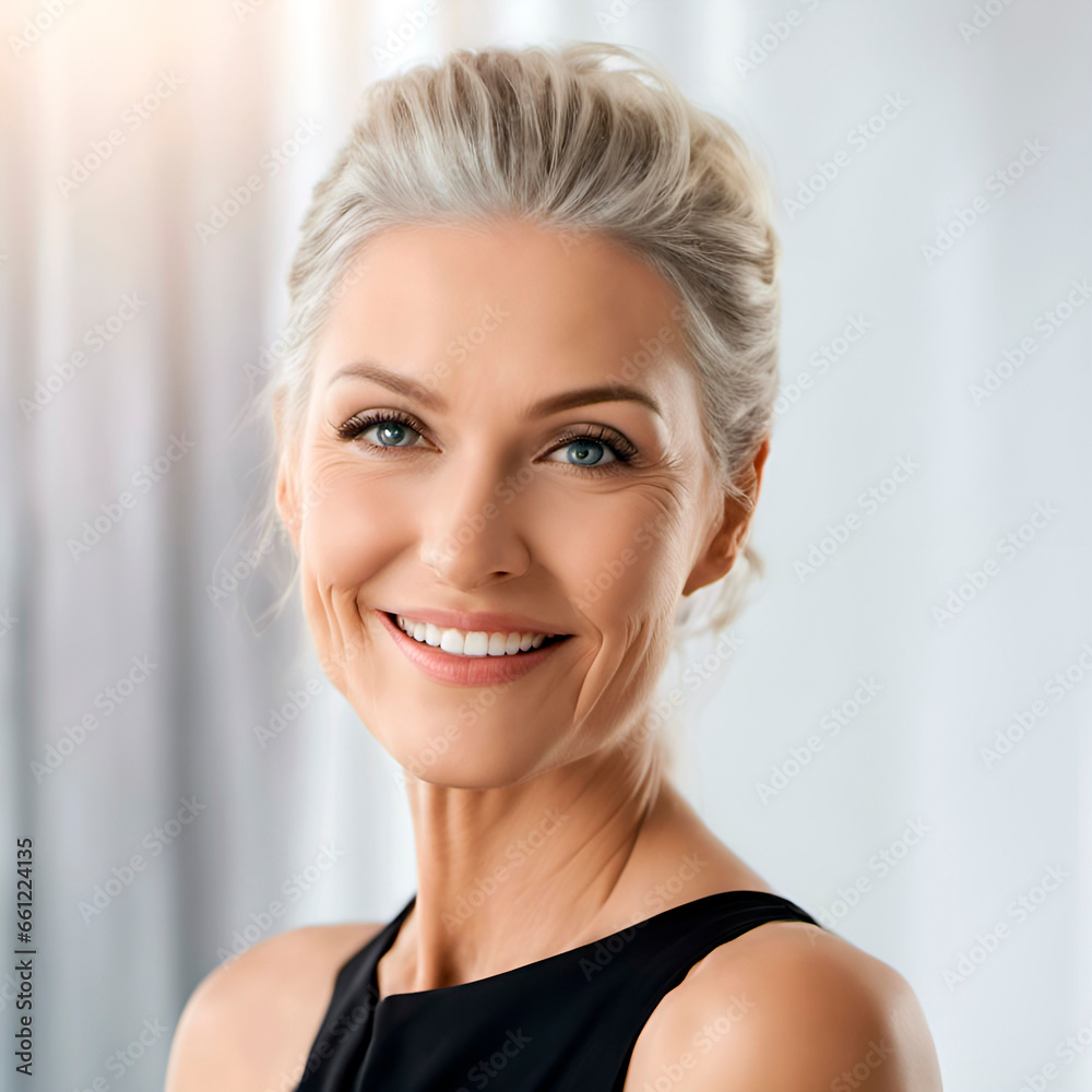 Gorgeous aging mature woman with long gray hair and a happy smile. Beauty and skin care cosmetics advertising concept, Gorgeous aging mature woman with long gray hair and a happy smile. Beauty and skin care cosmetics advertising concept,