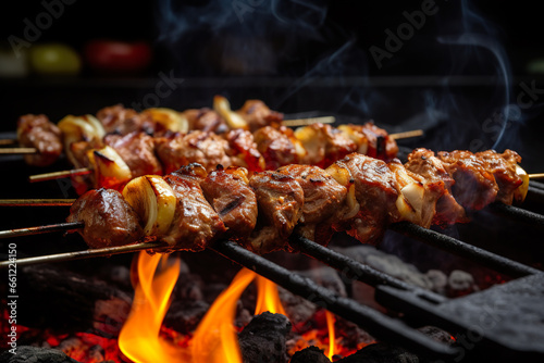 Delicious kebab on open flame grill