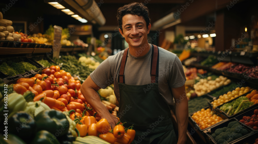 A cheerful market employer, a smiling man, finds success in a vibrant market setting. Positive business leadership and teamwork