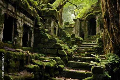 Ancient Ruins Overgrown with Moss in a Lush Forest