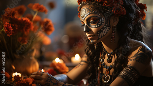 Festive Tradition: Day of the Dead Skull Makeup in Portrait"