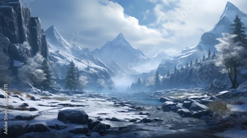 Winter valley with snow, ice river and vegetation in the background game art © Damian Sobczyk