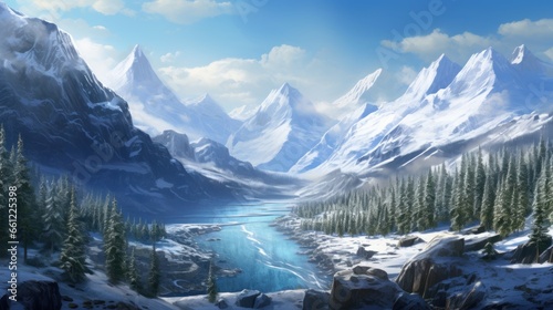 Winter valley with snow, ice river and vegetation in the background game art
