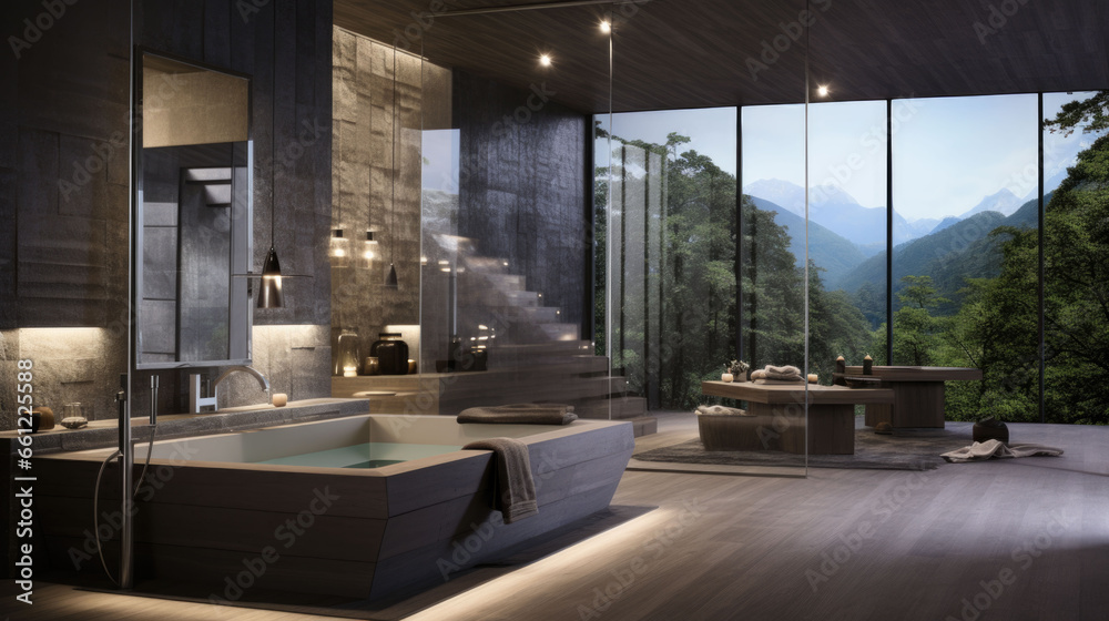 Bathroom with a bathtub and a large window in a villa Bathroom with a bathtub and a large window in a villa