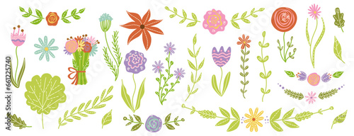 isolated vector easter floral elements, easter borders, spring flowers, floral frames, childish spring cartoon clipart greeting card design, cute kids newborn nursery decor spring birthday baby shower