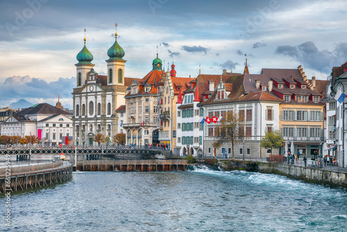 Astonishing historic city center of Lucerne with famous buildings and lake Jesuitenkirche Church.