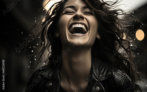 Beautiful woman laughing in the rain  black and white photography