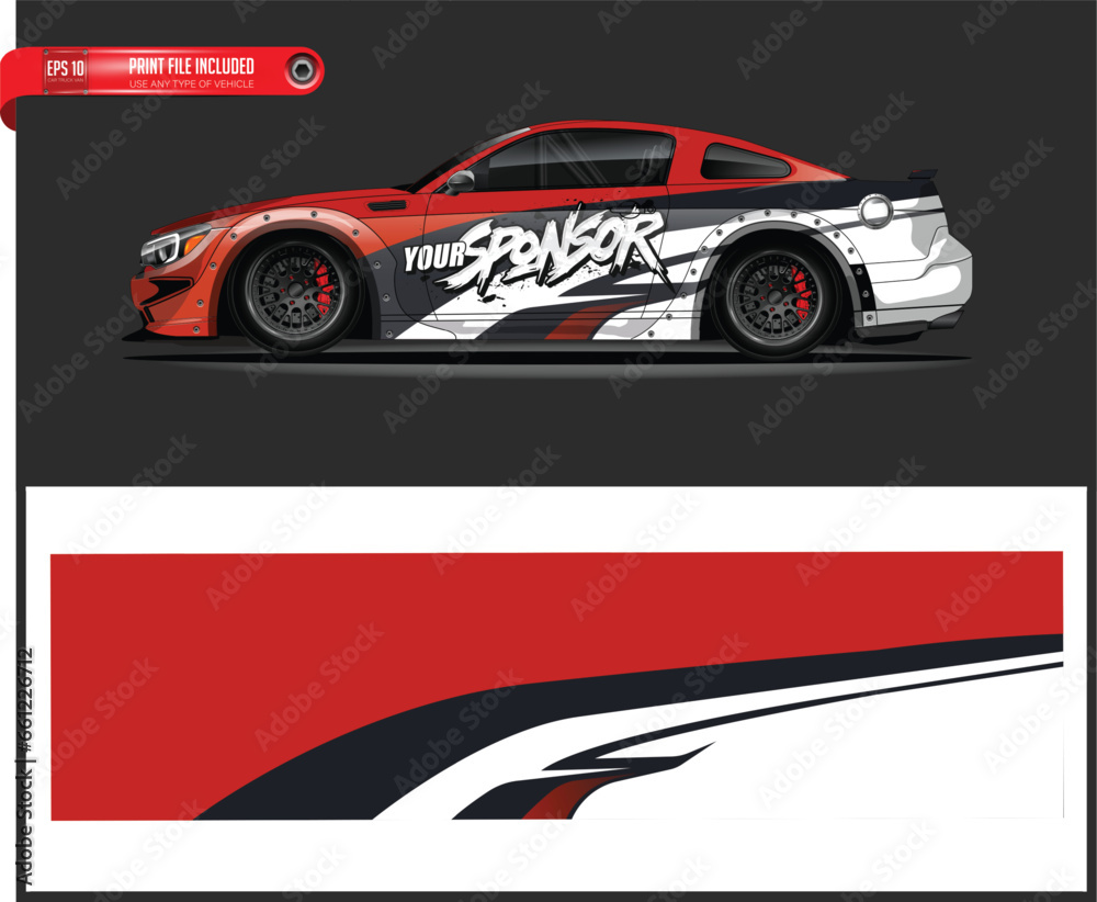  car wrap design vector. Graphic abstract stripe racing background kit designs for wrap vehicle