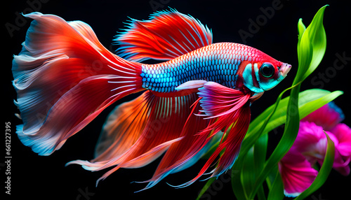 Fish with a flower tail and fins. Colorful flower fighting betta fish isolated on black. Amazing exotic flower tropical fish,