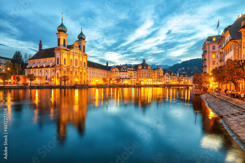 Marvelous historic city center of Lucerne with famous buildings and Jesuitenkirche Church.