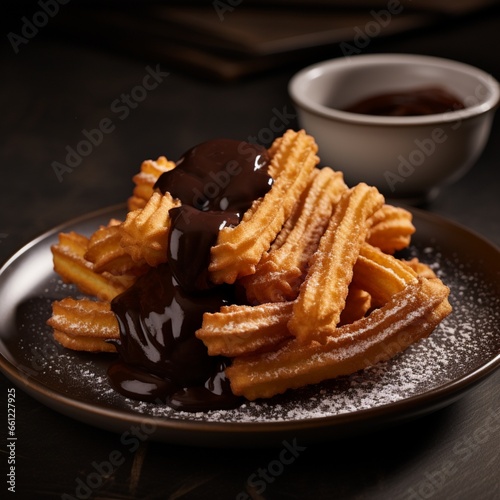 Plate of golden and crispy Churros with rich chocolate sauce