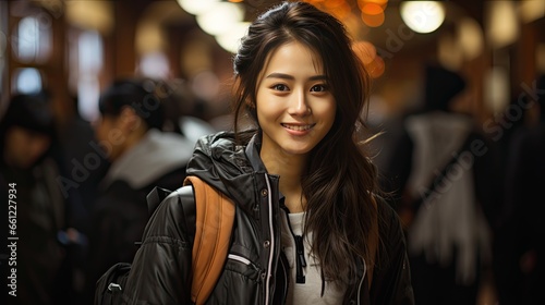 portrait of a young student, in school or university, smiling, looking beautiful, with backpack, long hair, young Asian woman with a gentle smile, casual style and backpack indicating a student