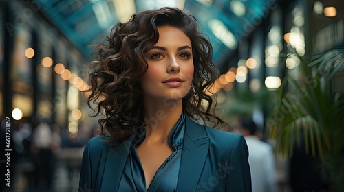 portrait of a beautiful confident woman, leader, green suite, smiling,  a young businesswoman with bouncy curly hair and a soft, thoughtful smile, wearing a teal blazer in a modern office environment. photo