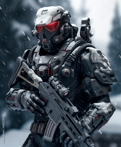 Soldier dressed in a futuristic military gear with a modern gun  in the style of sci-fi game art  dark gray and red  snow scenes.