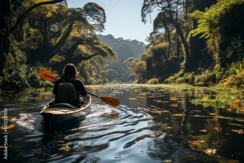A serene and picturesque scene of a kayaker navigating a calm river, surrounded by lush greenery and nature, showcasing the tranquility and beauty of water sports © Hunman