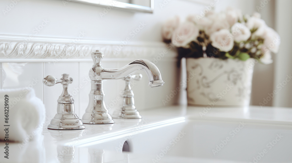Faucet and sink in a bathroom, close up, vintage style