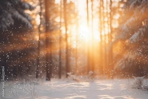 Blurred winter forest with sunshine background