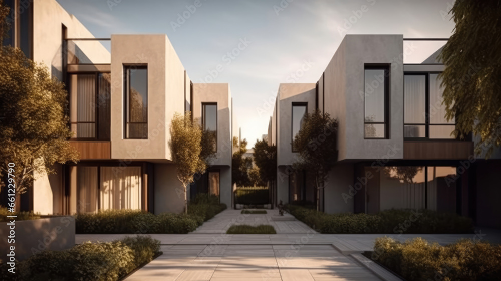 Futuristic urban living: geometric cubic shaped modern houses creating a visually striking and contemporary architectural landscape