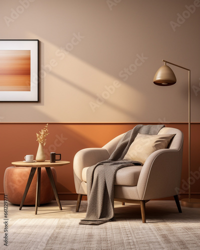 3d living room interior mockup in warm tones with armchair on empty light brown wall © Ricardo Costa