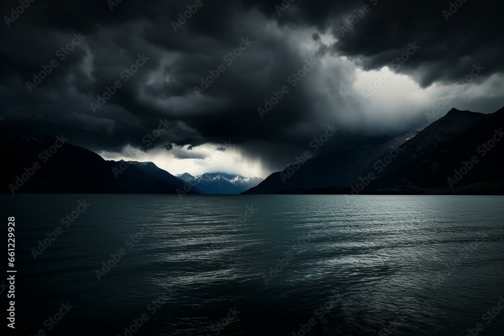 Dark skies loom above serene waters, foreshadowing turmoil and aggression. Generative AI