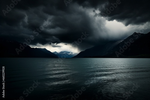 Dark skies loom above serene waters, foreshadowing turmoil and aggression. Generative AI photo
