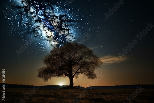 Night sky with solitary tree. Generative AI