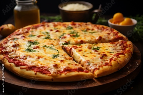 Delicious cheese pizza with melting cheese, generously stuffed pizza in high resolution. Generative AI