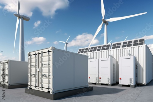 Image of energy storage, turbines, and battery containers. Generative AI