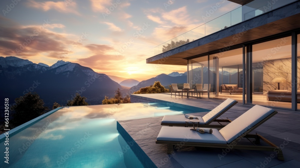 Fototapeta premium Scene of a modern villa with a rooftop terrace overlooking majestic mountain ranges, providing a stunning alpine panorama