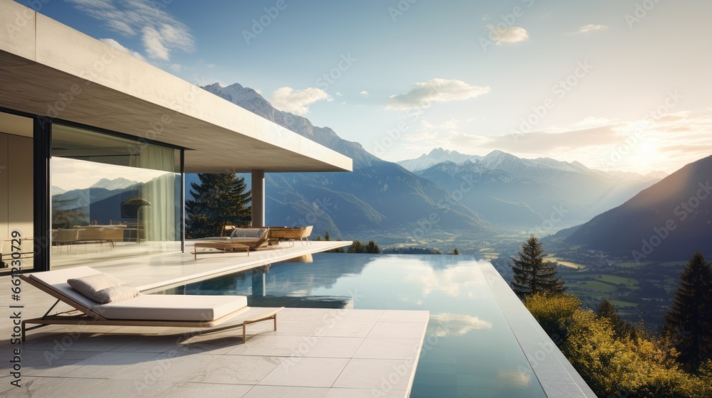 Fototapeta premium Scene of a modern villa with a rooftop terrace overlooking majestic mountain ranges, providing a stunning alpine panorama