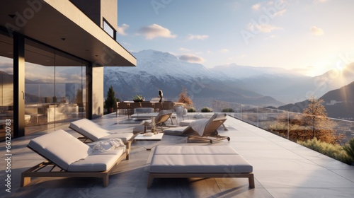 Scene of a modern villa with a rooftop terrace overlooking majestic mountain ranges, providing a stunning alpine panorama © Damian Sobczyk