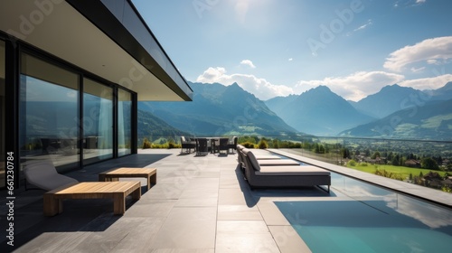 Scene of a modern villa with a rooftop terrace overlooking majestic mountain ranges  providing a stunning alpine panorama