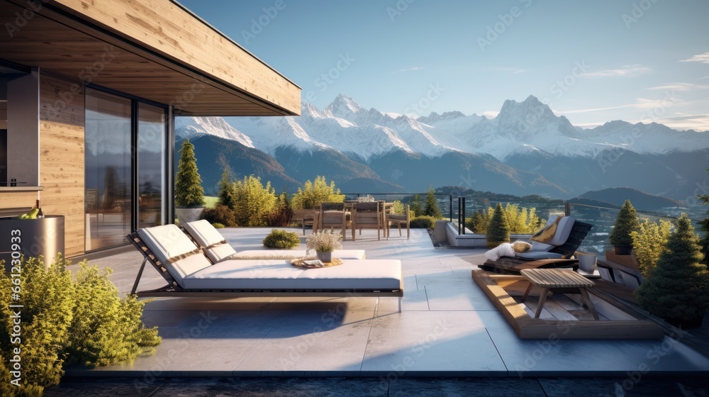Fototapeta premium Scene of a modern villa with a rooftop terrace overlooking majestic mountain ranges, providing a stunning alpine panorama