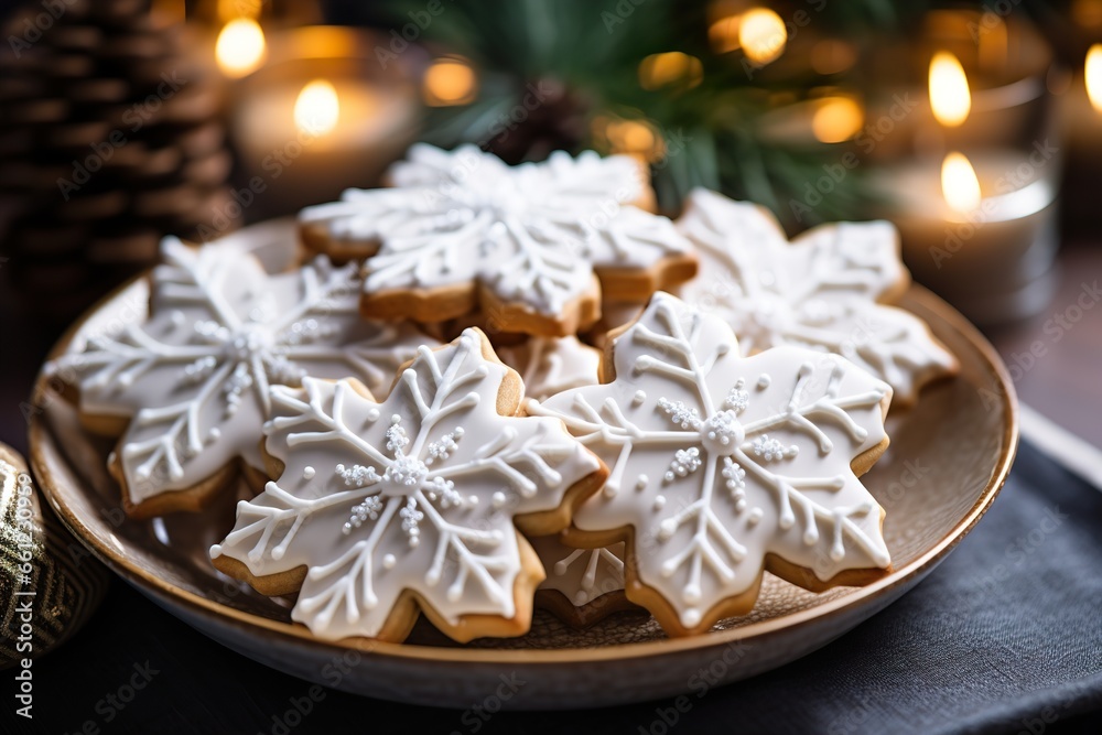 A plate of delectable sugar cookies shaped like snowflakes and decorated with royal icing A plate of delectable sugar cookies shaped like snowflakes and decorated with royal icing