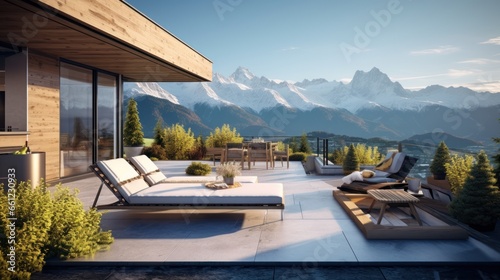 Scene of a modern villa with a rooftop terrace overlooking majestic mountain ranges, providing a stunning alpine panorama © Damian Sobczyk